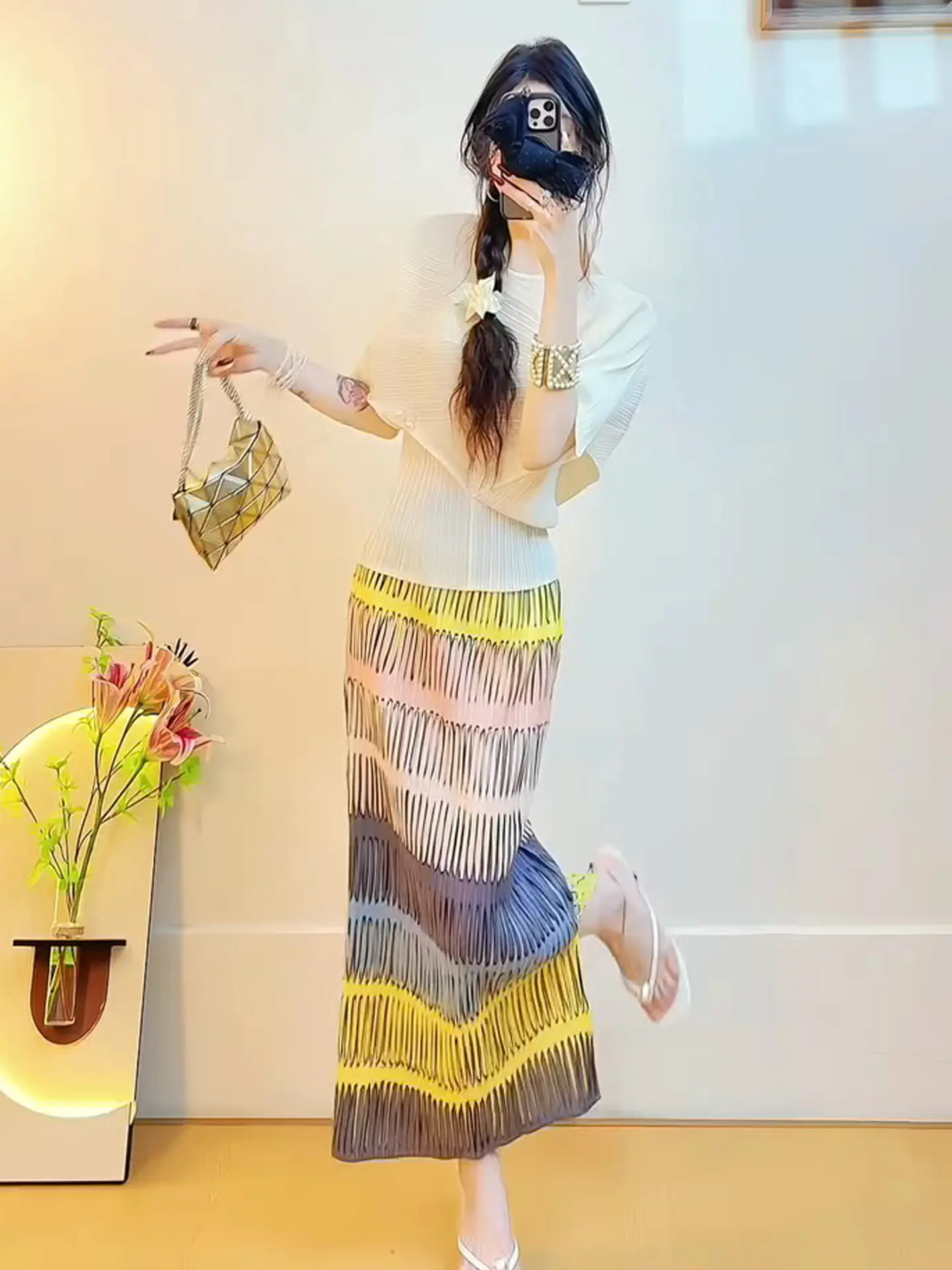

Fashionable Striped Color Block Set Women's Summer Skirt Slimming Versatile Anti-Aging Three-Zone Crease Design Short Sleeve