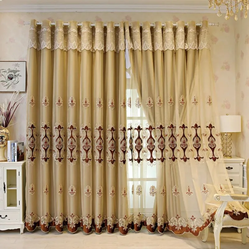 

Modern European Embroidered Curtains Double-layer Blackout Fabric Yarn Integrated Living Room Bedroom Blackout Tulle Custom New