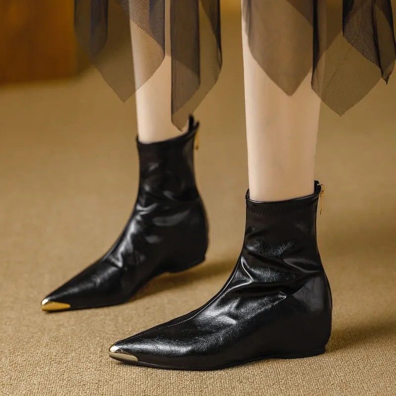 Women Pointed Toe Stretch Ankle Boots Hidden Wedge Height Increasing Soft Leather Short Boots Comfortable Work Office Shoes Lady
