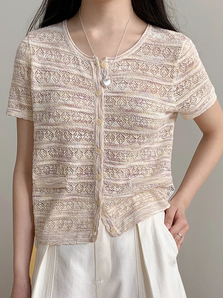 

Boran Summer New Loose Knitted Hollow out round Ne Design Sense Open Cardigan Top Women's Faion Ele Sle ort Sve