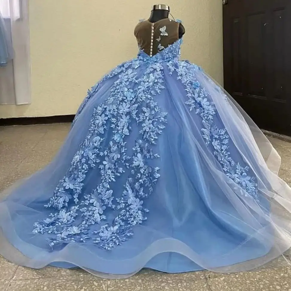 Abito da ragazza di fiore azzurro cielo personalizzato per matrimonio Abito da prima comunione di compleanno per bambini con applicazioni in pizzo gonfio di lusso