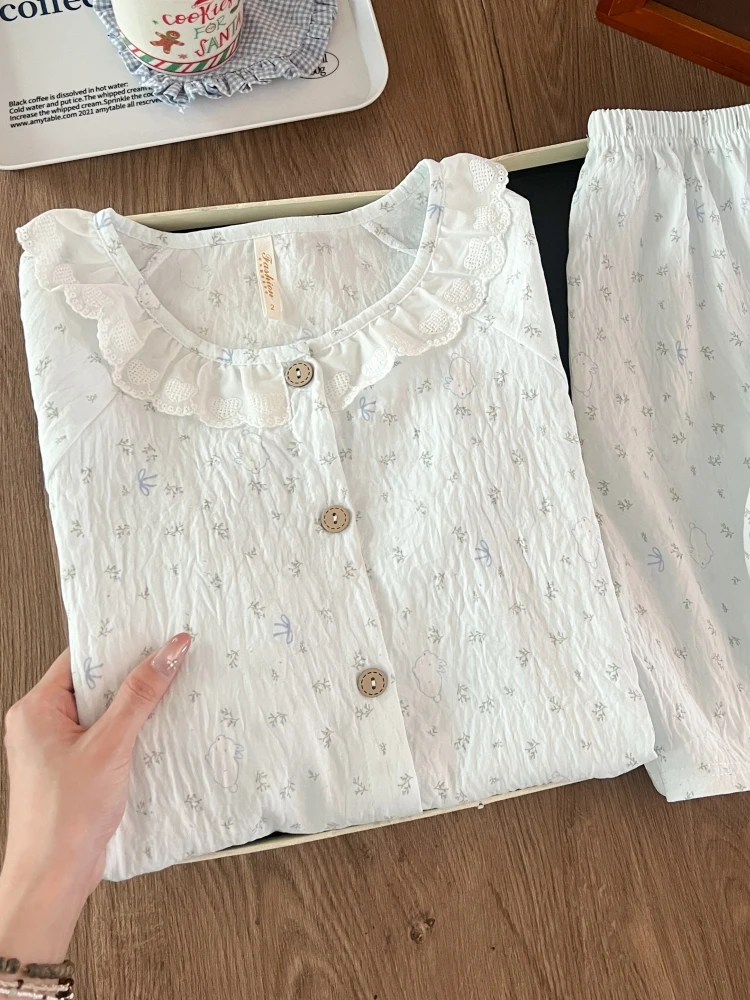 

Korean Sweet Style Women's Summer New Short Sleeve Lace Cute Rabbit Floral Print Sleepwear Set Home Clothes Cloud Cotton