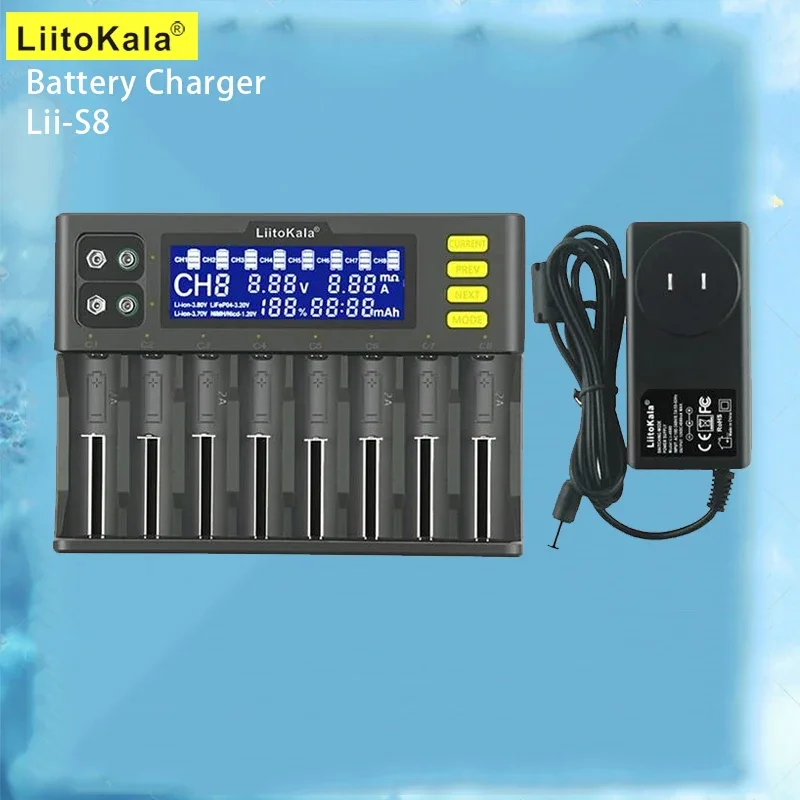 

LiitoKala Lii-S8 18650 Battery Charger 8-Slot Auto-Polarity Detect For 26650 21700 14500 10440 16340 1.2V 3.7V