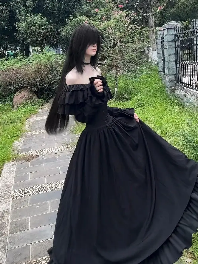 فستان أسود عتيق على الطراز القوطي الياباني فستان ميدي أنيق نحيف فساتين حفلات عصرية ريترو سادة فساتين نسائية أنيقة على طراز القرآن #1