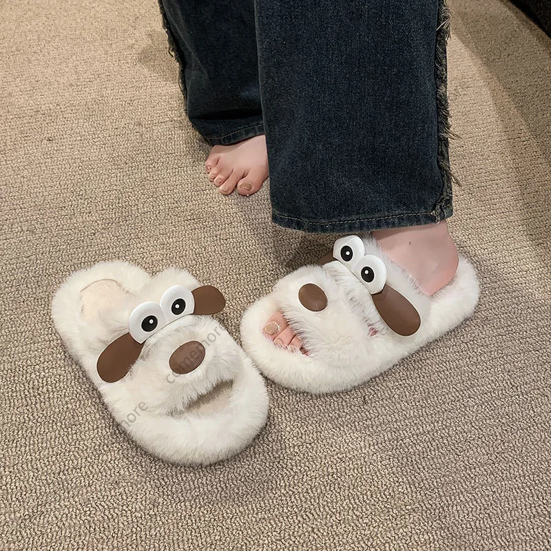 Cute Cartoon Big Eyes Dog Slippers Shoes for Women Winter Warm Faux Fur Shoes Flip Flops Plush Platform Ladies Home Slippers