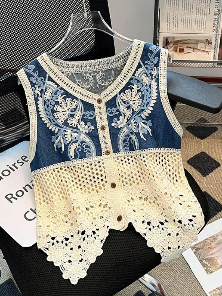 

Французский ретро женский джинсовый лоскутный ажурный жилет с вышивкой, топы, летние однобортные короткие майки без рукавов с v-образным вырезом в богемном стиле
