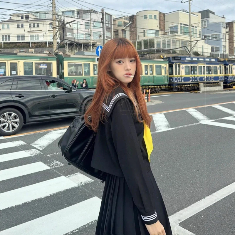 Genuine Plus Size Black Three-Striped Sailor JK Uniform Mid-Length Top Long & Short Sleeve with Pleated Skirt Campus Style