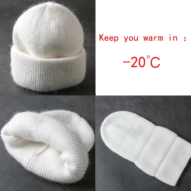 2024 angora macio quente chapéu de inverno para mulheres gorro de pele de coelho gorros de malha macia crânios feminino bonnet senhoras designer