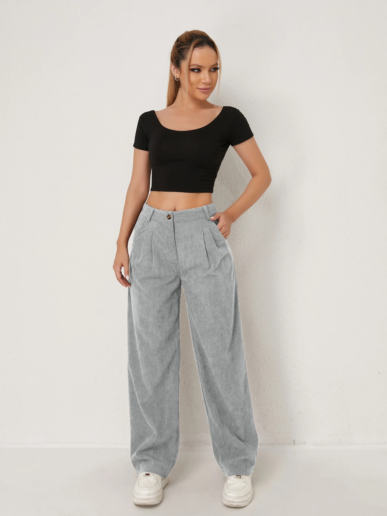 Neue Herbst- und Winter-Freizeitanzüge für Damen in Unifarben aus Cord mit weitem Bein und geraden, samtartigen Hosen, die schlank aussehen – Detail 11