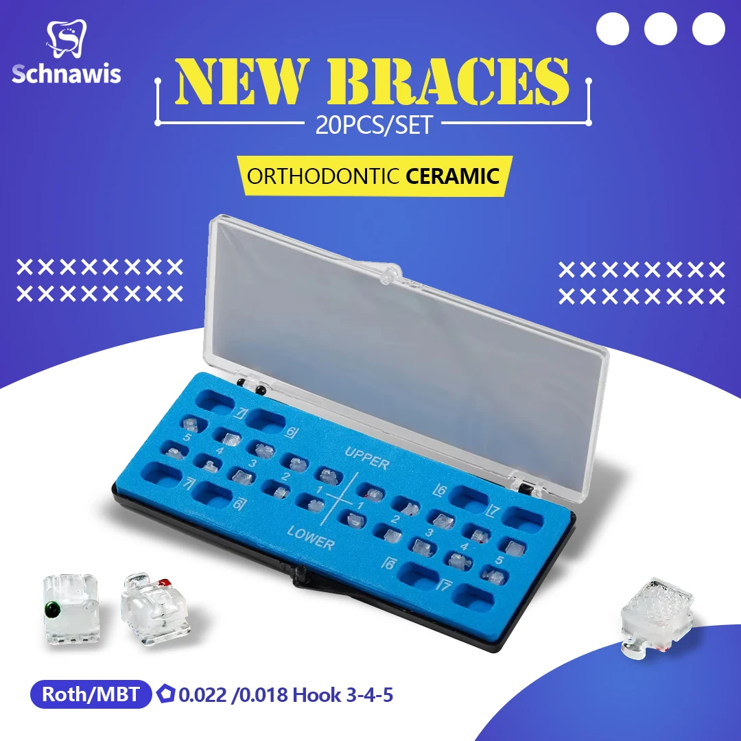 

Schnawis 20Pcs/Set Dental Orthodontic Ceramic Self Ligating Brackets Roth/MBT Ceramic Braces 0.022 /0.018 Hook 3-4-5 ortodoncia