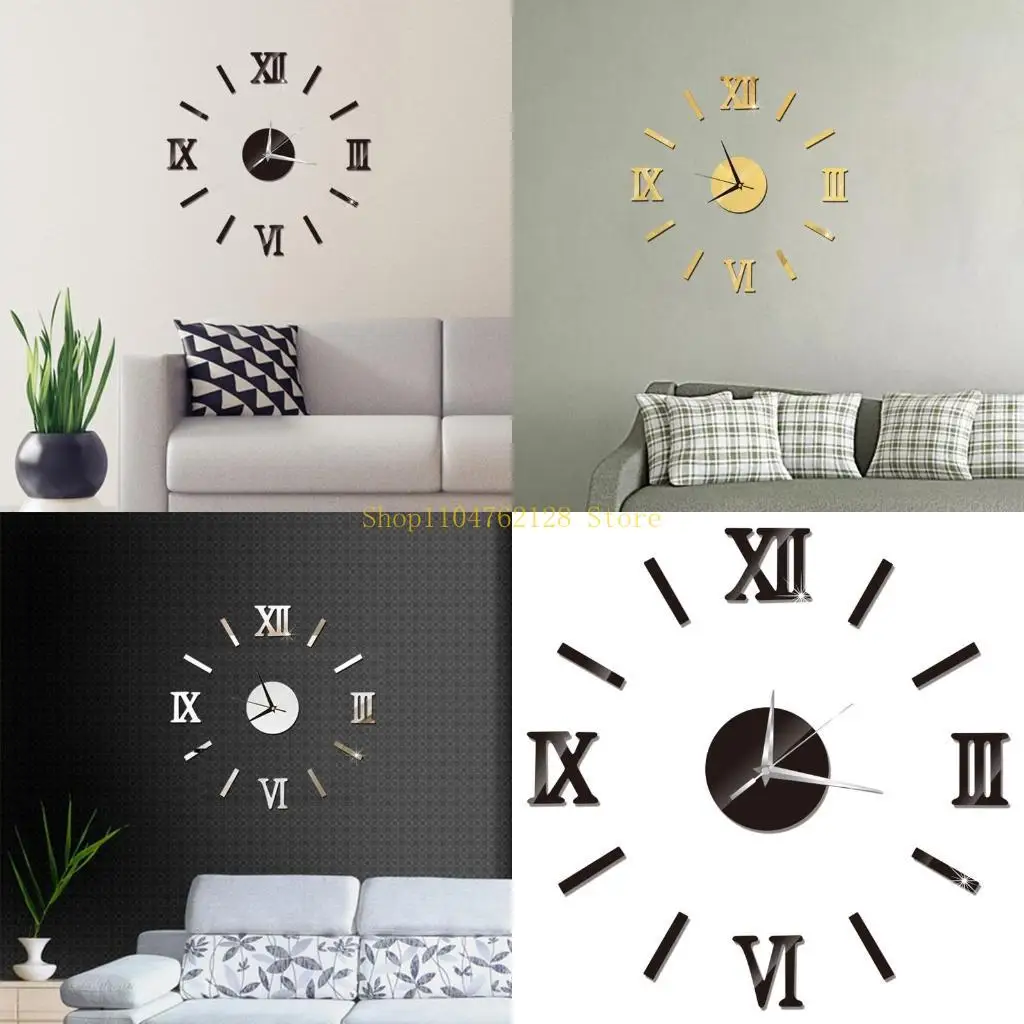 

3D Mirror Wall Clock Sticker DIY Acrylic Roman Number Art Decal Wallpaper best sale