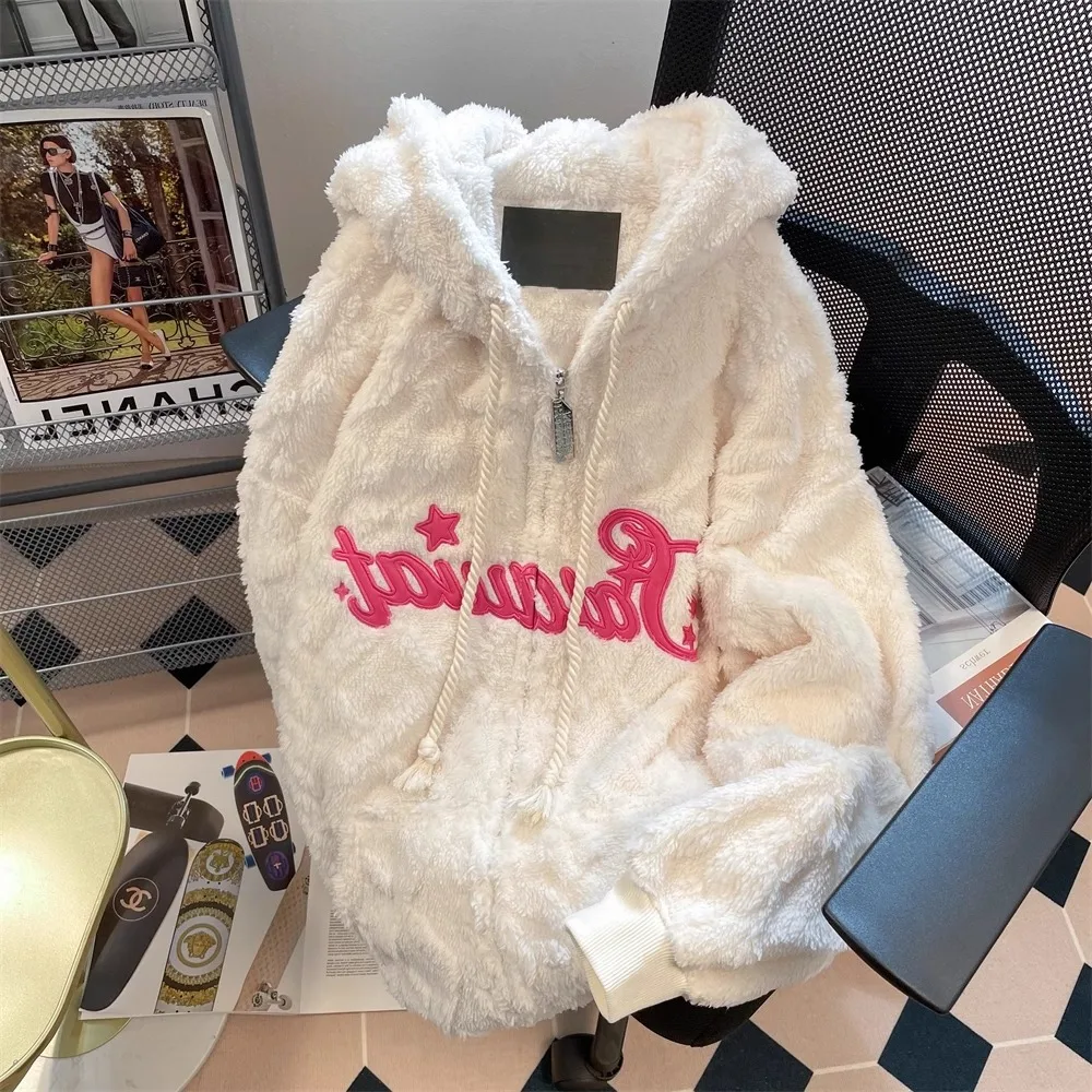 

Japanese College Sle Fufu Lamb Fur Hooded Open Cardigan Sweatirt Women's Autumn Winter Loose Lazy Versatile Cotton Jaet