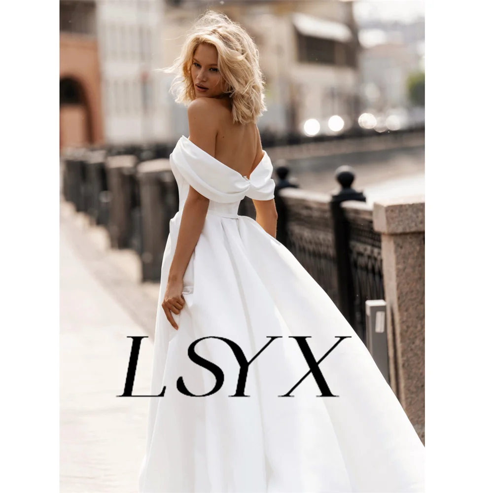 LSYX Off-Shoulder Pleats V-Neck Crepe A-Line Wedding Dress For Women Zipper Back Floor Length Bridal Gown Custom Msde