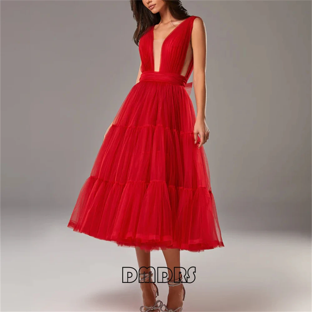 

Sweetie A Line Formal Dress for Women Mid Calf Tulle Evening Dresses with Bow Tie on Back Custom Women's Party Gown Cocktail