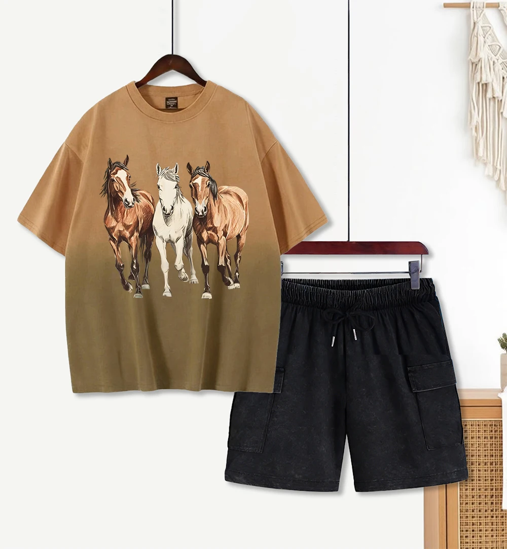 

Женский комплект из 2 предметов: футболка с принтом «Лошадь, бегущая к вам» и брюки с карманами, повседневные хлопковые футболки и брюки с эффектом тай-дай, летний свободный комплект