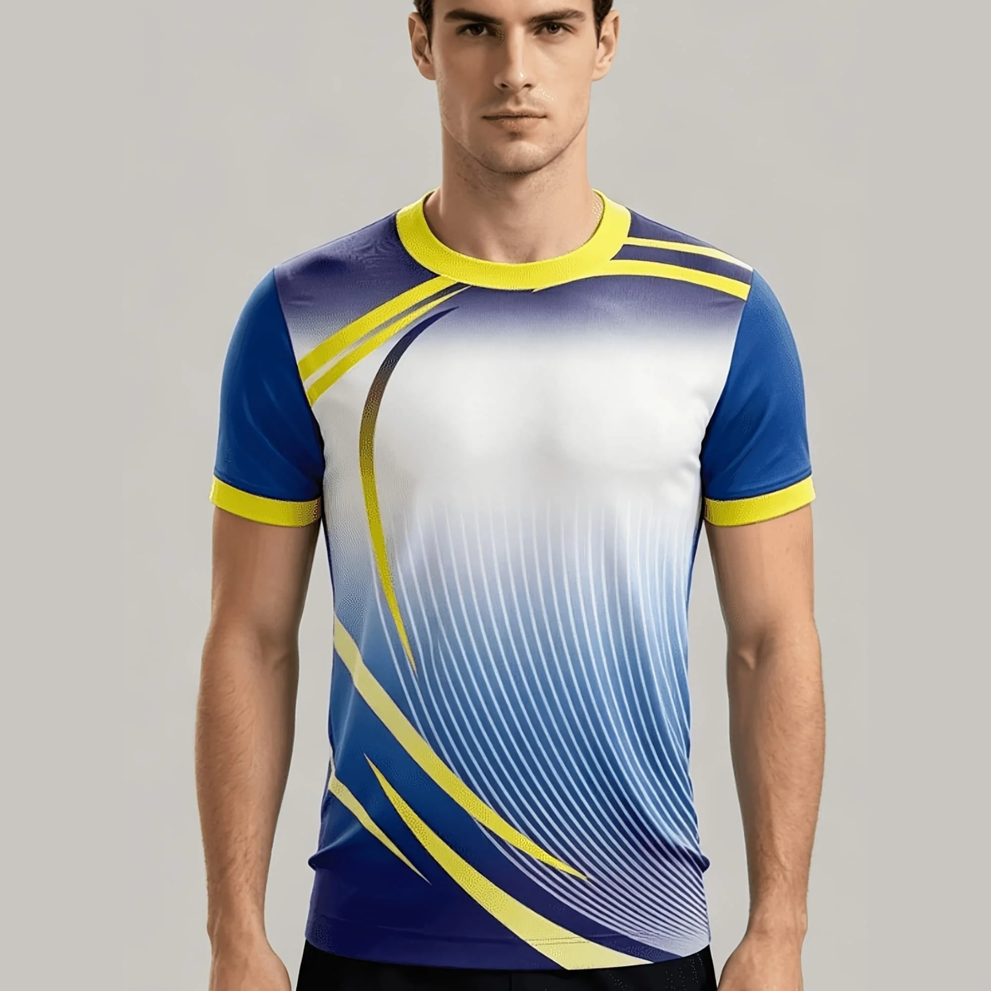 Herren-Teamuniform Blau-Gelb Farbverlauf Druck Schnelltrocknend Kurzarm Fußball Volleyball Vereins-Training Atmungsaktives Sport-Trikot