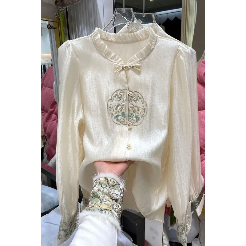 

New Chinese style embroidery spliced shirt women's 2024 early spring new high-end retro button-down shirt top trend