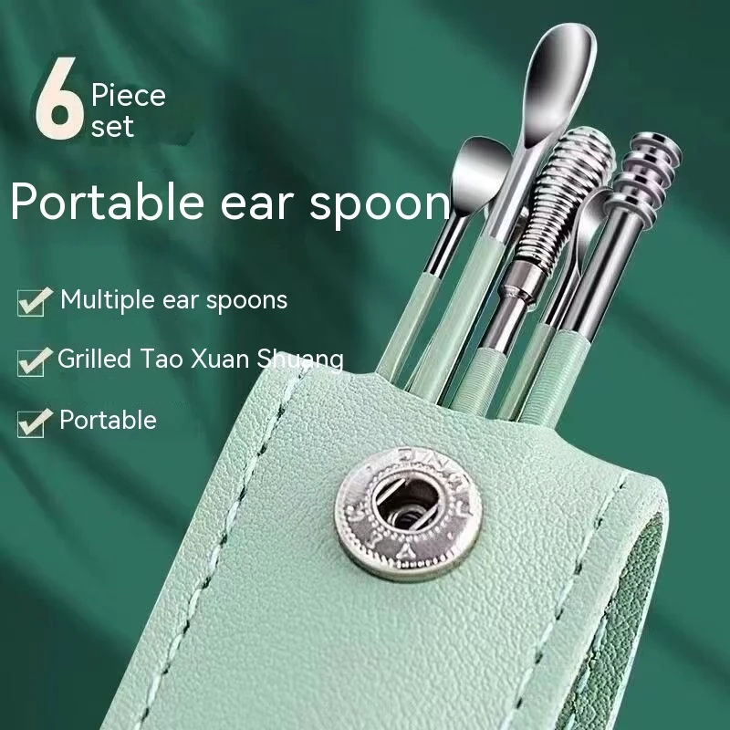 6Pcs Ear Digging Spoon Set Long Head Spiral Spring Ear Spoon Easy Clean Stainless Steel Portable Ear Care Cleaning Tools Set