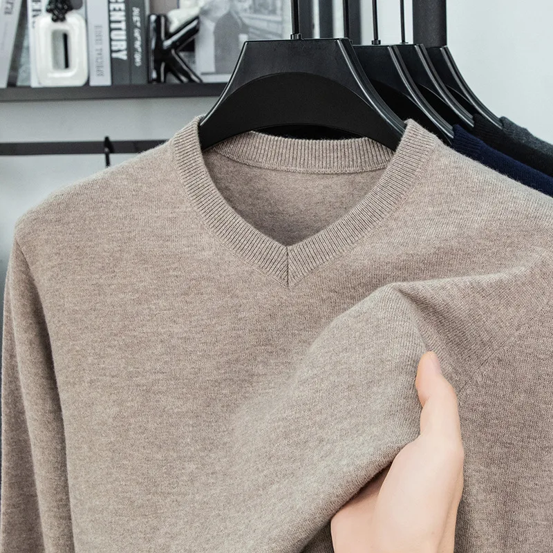 【100 الصوف الخالص】MenVCollared سترة صوف الخريف الشتاء بلون سترة منتصف العمر الرجال عارضة الحبيب الرقبة سترة