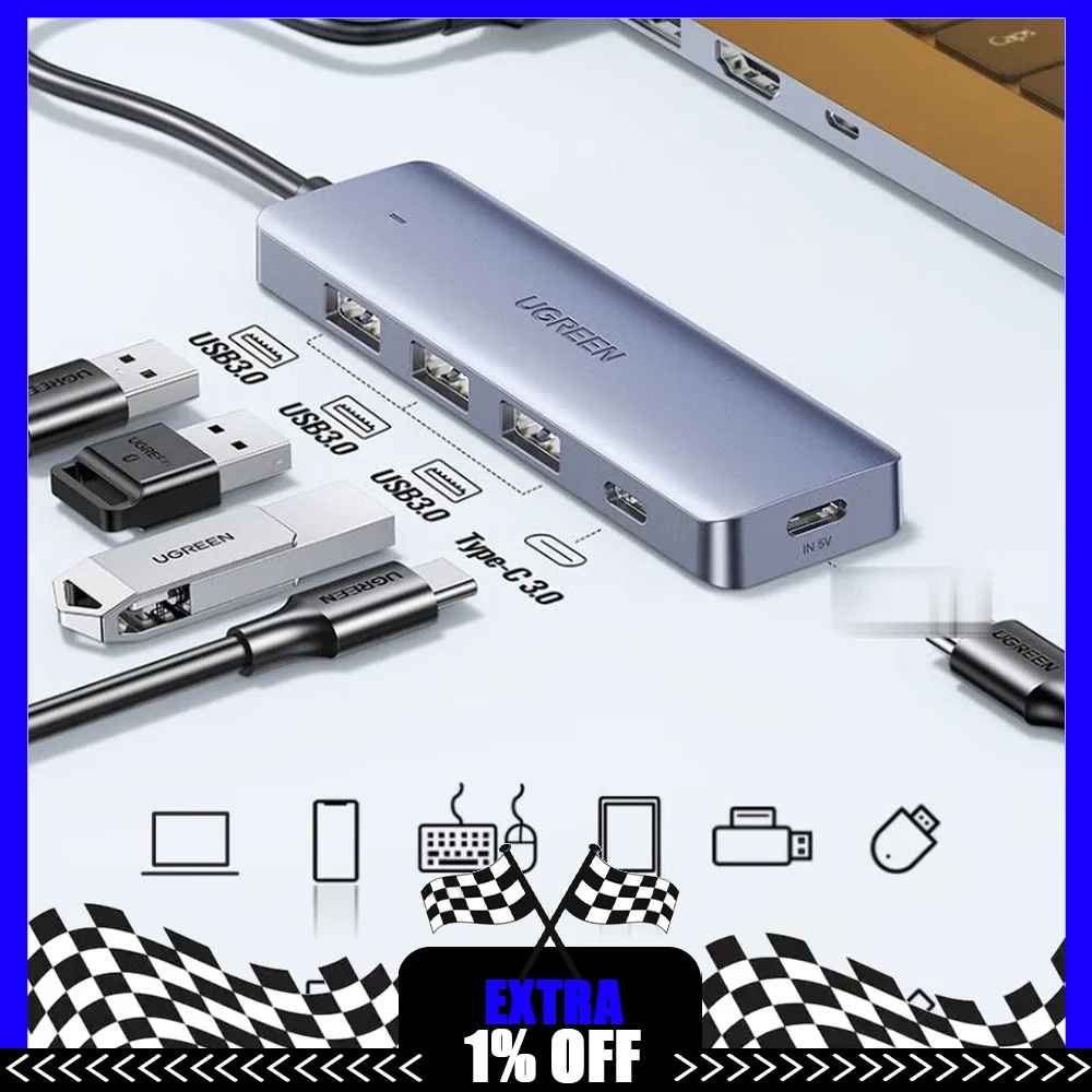 UGREEN 35210 USB 3.0 Hub 3 USB-A 1 USB-C 5Gbps Data Ports 0.2m Cable Type-C Power Input for Laptop Keyboard Mouse Hard Drive