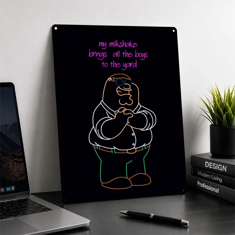 Peter Griffin Milkshake Neon Art Personalized 3D Textured Metal Poster Wall Art Vintage Tin Signs for Home Decor Ornaments Items