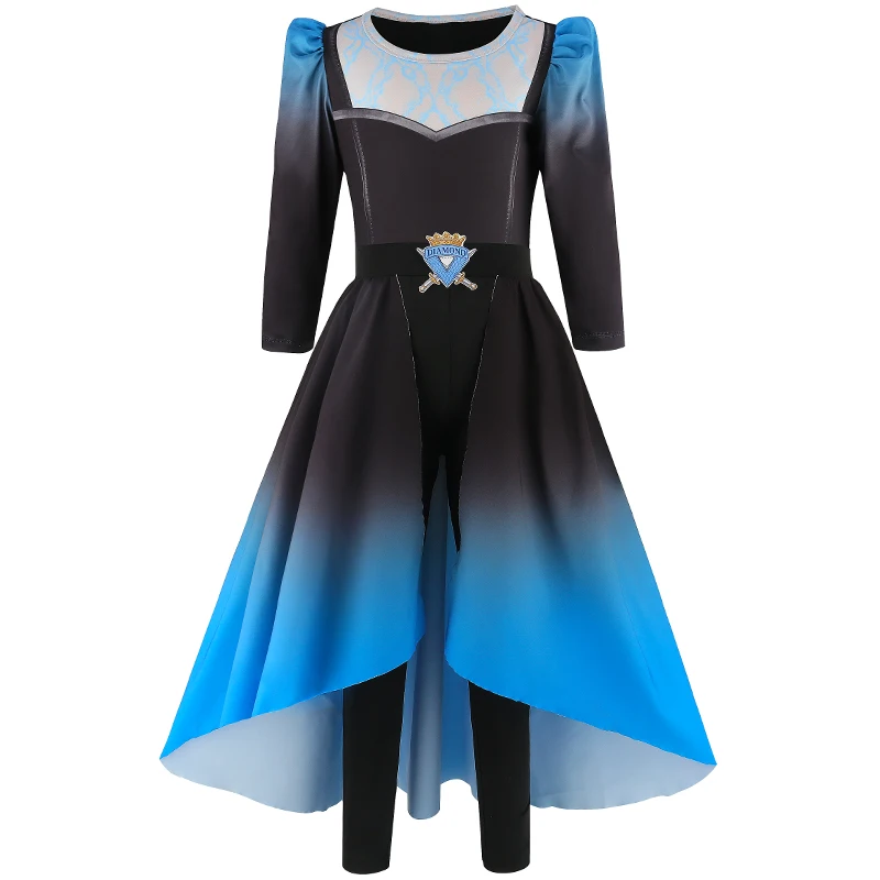 Kids Knight Cosplay Costume Girls Gradient Blue Black Puff Sleeve Dress Leggings Set Inspired Halloween Carnival Dress Up