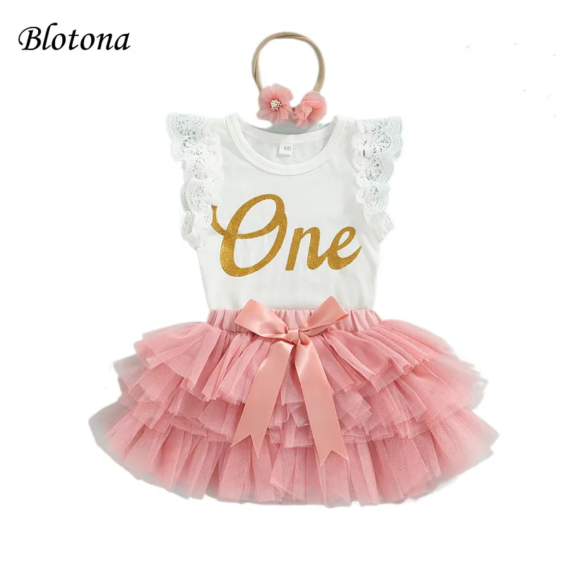 Blotona-Floral Lace Romper e Tutu Saia e Headband Set Meninas Do Bebê, Minhas Roupas Primeiro Aniversário, Sem Mangas, Bonito, 0-18Months