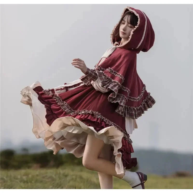 

2024 HOT Sweet Girl Lolita Women Dress Vintage Patchwork Red Dress with Cloak Cute Female Bing Cosplay Little Red Riding Hood