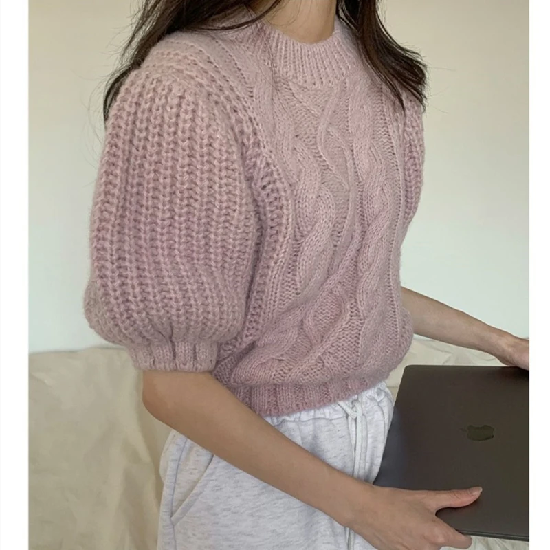 Women Crew Neck Puff Short Sleeve Sweater 2025 Gentle Retro Twist Sweet Jumper Casual Solid Loose Knitwear Tops Autumn Clothing