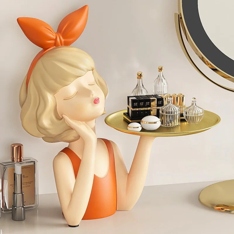 

Статуя девушки из смолы с подносом для хранения, скандинавская современная скульптура девушки для украшения гостиной, украшение для офисного стола, орнамент
