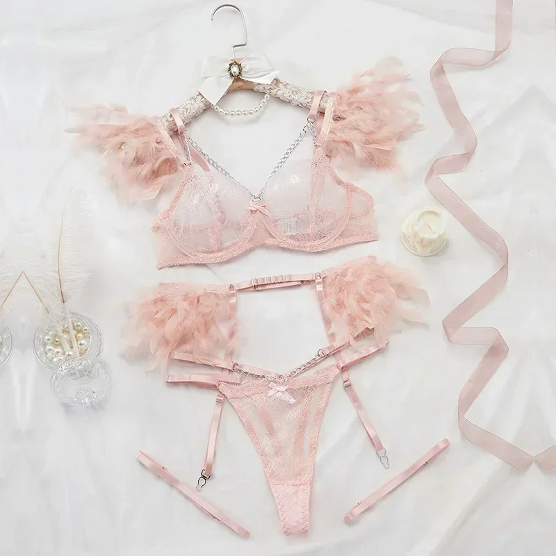 Sexy Lace Lingerie Set with Feather Women's Chain Perspective Underwear Garters Exotic Apparel Suit Female Solid Transparent Bra