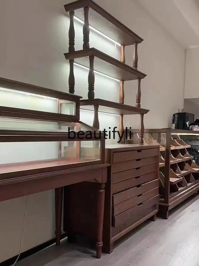 

Medieval Double Layer Product Display American Retro Storage Cabinet Jewelry Jade Store Display Cabinet Glass Shelf