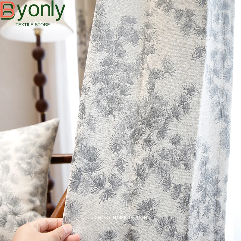 Pine Leaf Forest Jacquard Thickened White Curtains for Living Room Bedroom French Window Balcony Window Custom Finished Product