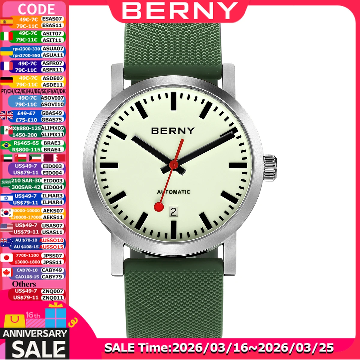 BERNY Orologio da uomo Orologio ferroviario automatico a carica automatica Marchio di lusso Orologio da polso meccanico svizzero super luminoso da