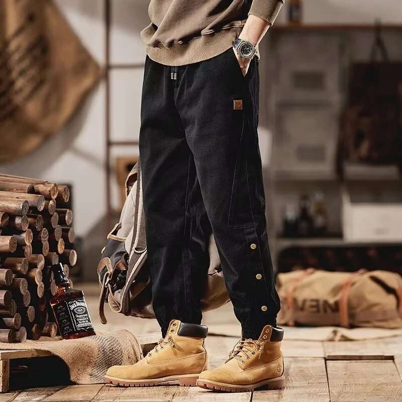 Men's work pants, solid color versatile casual pants, loose charging pants, men's trendy brand mid waist leg tied pants