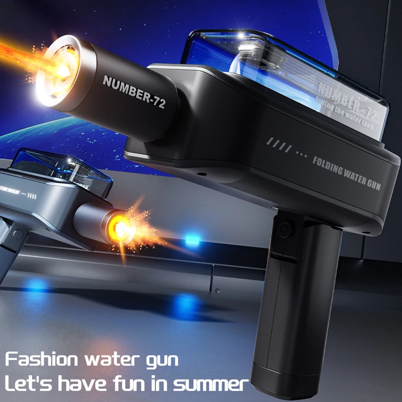 光る折りたたみ式電動連続水鉄砲 USBモジュールバッテリー 夏のビーチ 子供用水遊びおもちゃ 水鉄砲