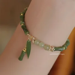 Chinese Style Retro Green Bamboo Joint Beaded Bracelet For Women's Fashion Simple Charm Alloy Leaf Bracelet Jewelry Gift