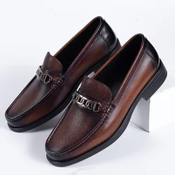 New 2024 Summer Men Genuine Leather Formal Business Loafers Slip On Retro Breathable Men Leather Moccasins Shoes