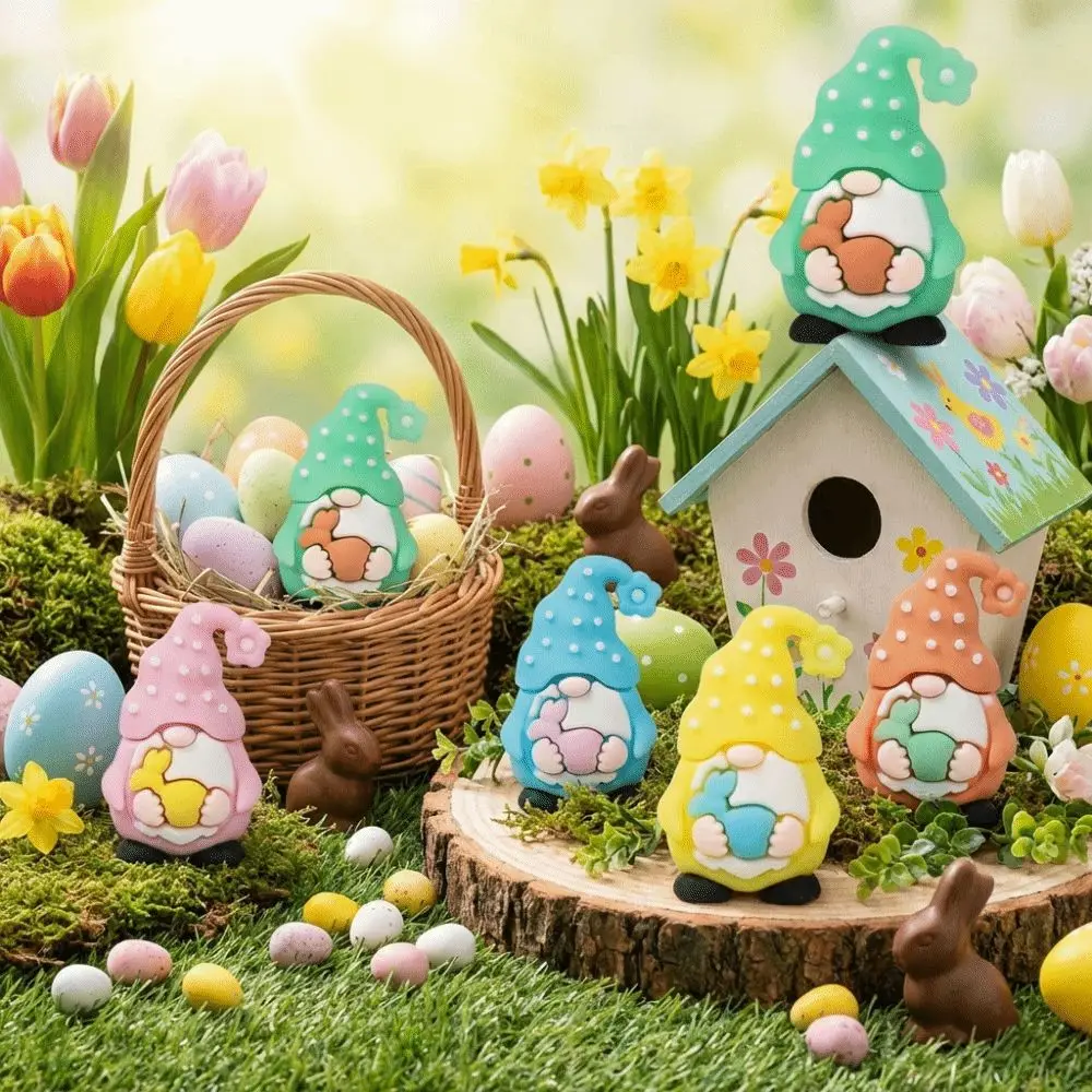 5Pcs PVC Easter Gnome Figurines Basket Fillers Realistic Mini Bunny Ornament Simulated Handicraft Miniature Gnome Statue