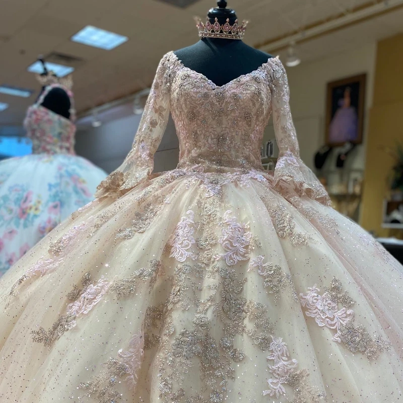 Lorencia-vestido De Quinceañera De cristal con lentejuelas y purpurina, corsé De manga larga hinchado, apliques De cuentas, color champán, años XV, YQD317