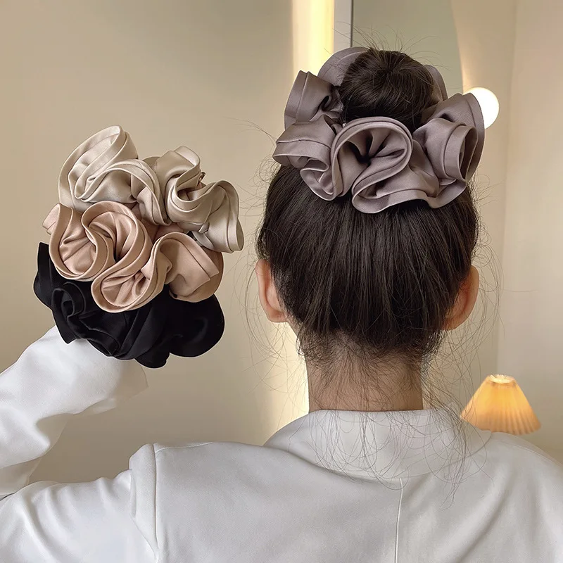 Coleteros de satén de gran tamaño para mujer, lazos para el cabello de lujo Vintage, banda elástica grande para el cabello, accesorios para el