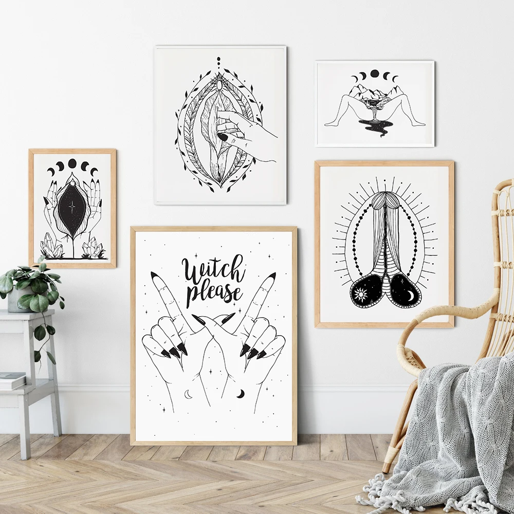 Black White Magic Art Poster Print Feminist Vagina Divine Canvas Painting Flower Abstract Man Genitals Research Room Home Decor