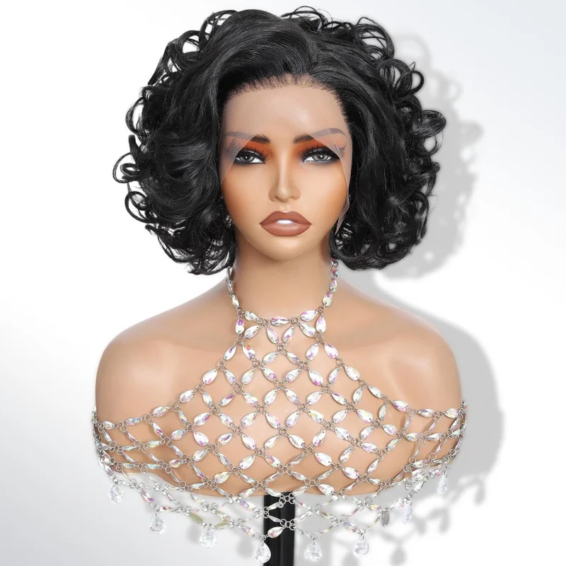 

Short Bob Wavy 13x4 Lace Front Synthetic Wig – Bob Curly, HD Lace, Glueless, Pre Plucked, for Black Women