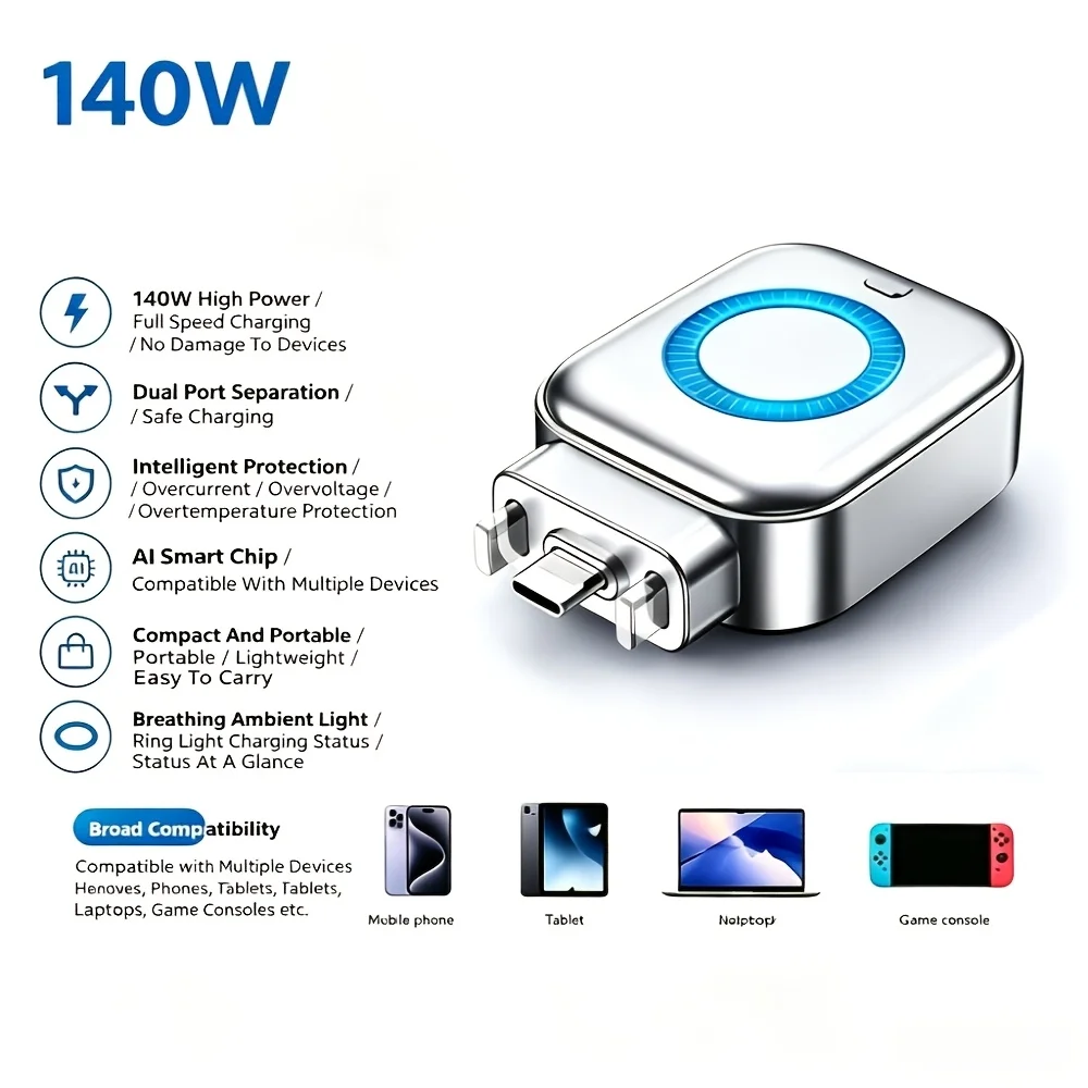 140W Type-C Fast Charging Charger, Automatic Power-Off and Overcharge Protection, Safe Overnight Charging, for All Type-C Device