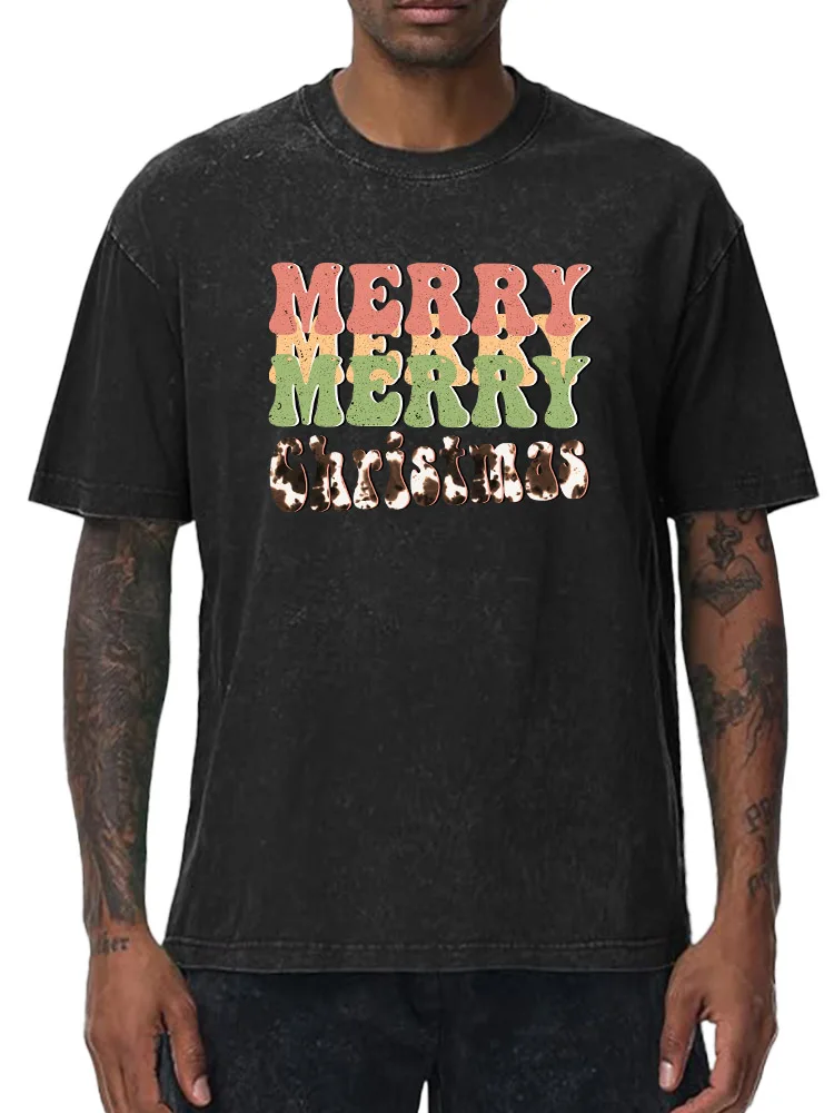 

Merry Christmas in Colors 230g Heavy Cotton Washed Oversized T-Shirt for Men Christmas Graphic Tee Retro Casual Top
