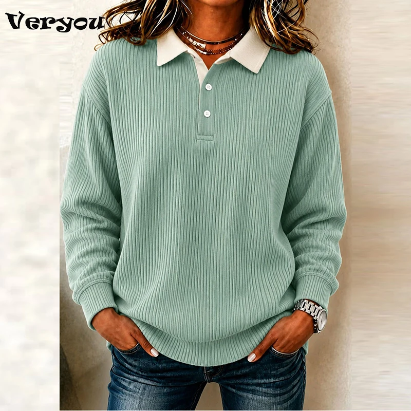 Neue, schicke Damenblusen mit Umlegekragen, Knopfleiste und langen Ärmeln, Herbst-Sweatshirts, Damenpullover, Oberteile für Bürodamen.
