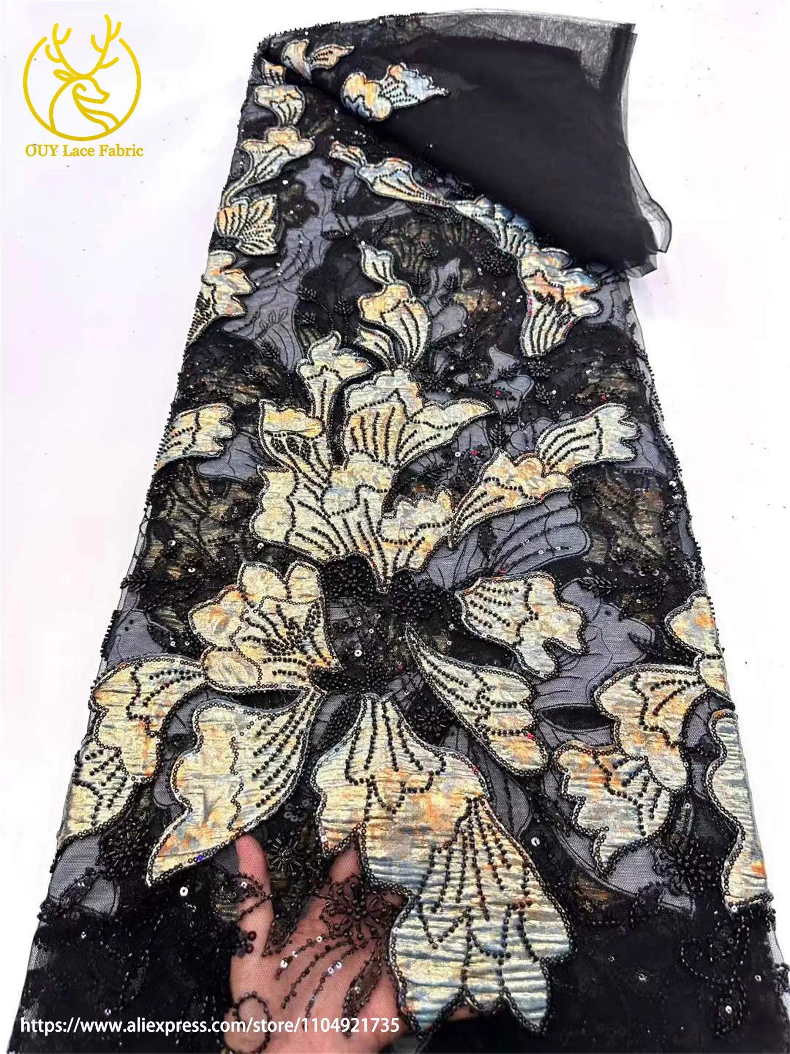 Afrikanischer Jacquard-Perlenstickerei-Spitzenstoff 2026 Französischer Tüll-Pailletten-Spitzenstoff für Damen-Hochzeitskleider Nähmaterial – Detail 9