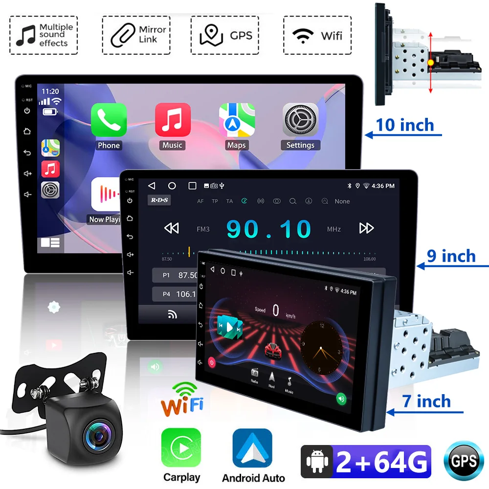 

Автомагнитола 1 Din, 7/9/10 дюймов, HD IPS экран, Android 12, 2 + 64 ГБ