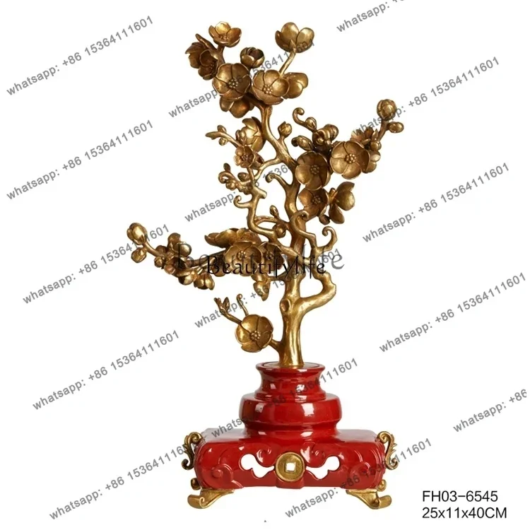Factory Customization.French Style Ornament Red Ceramic Inlaid Copper Phoenix Flying Brass Plum Blossom Money Tree Decora