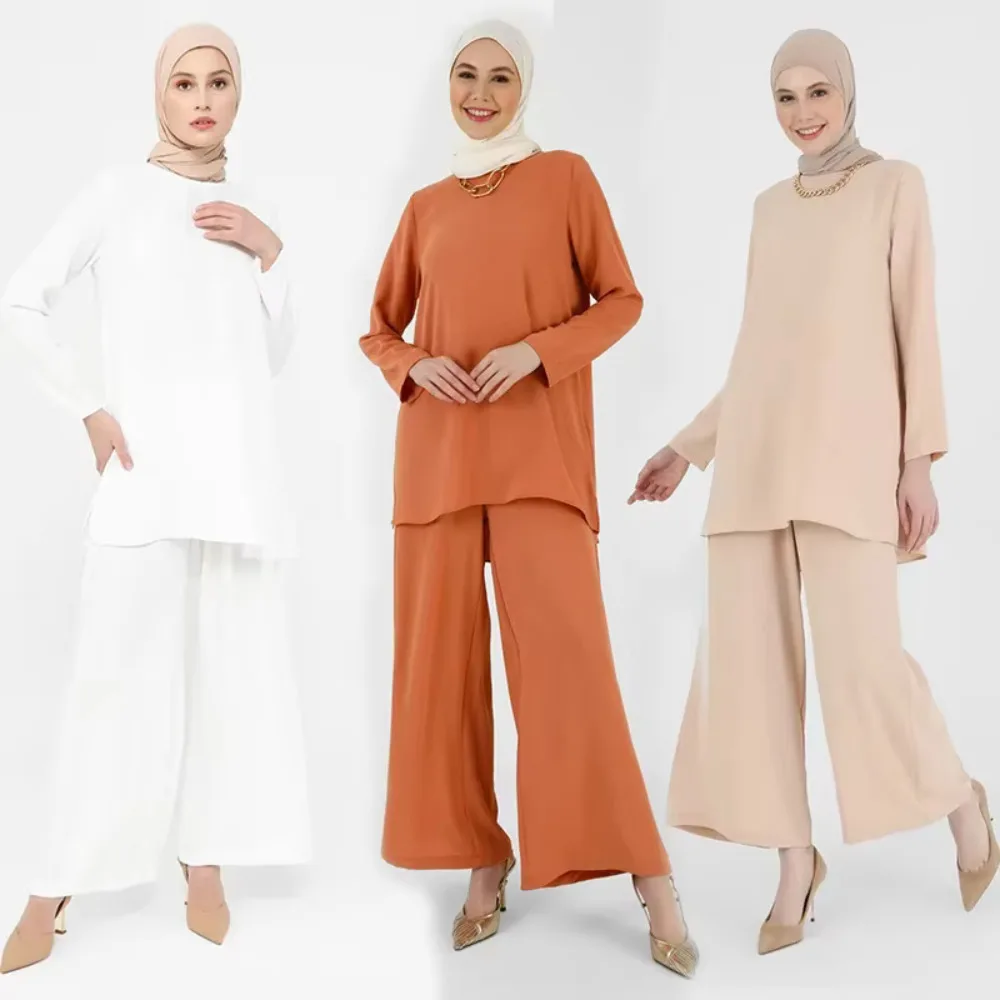 Turkish Muslim Eid Dress Women Long Top Solid Color Islamic Clothing Dresses Moroccan Kaftan Gilbab Two Piece Set Elegant 2025